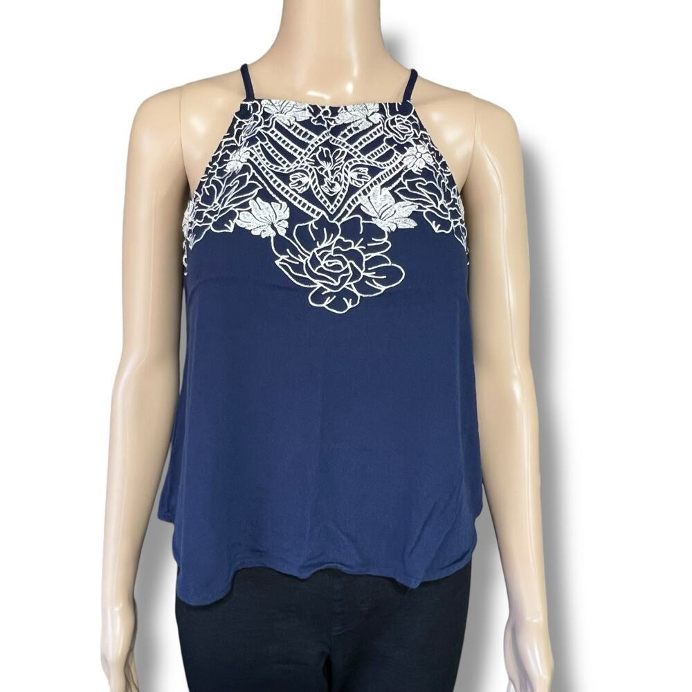 Eyeshadow Embroidered Floral Halter Tank Top Navy Blue Flowy High Neck Rayon Med